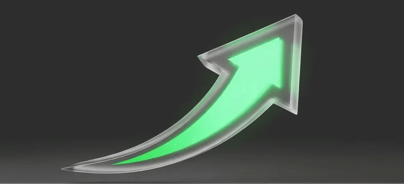Glowing green upward arrow on a black background