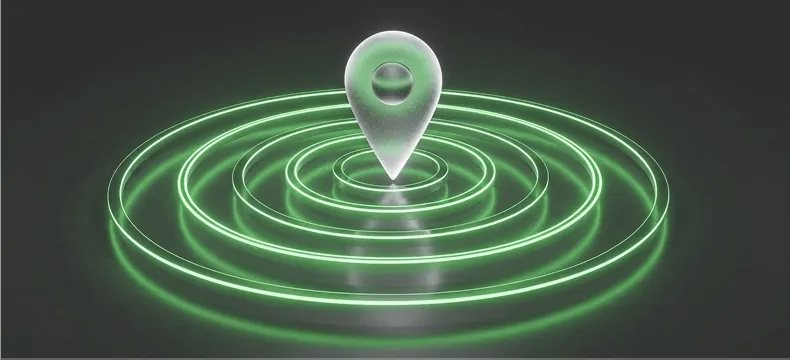 Location pin hovering above glowing green map rings