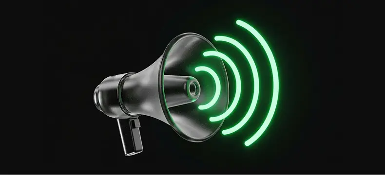 Megaphone icon with bright green sound waves
