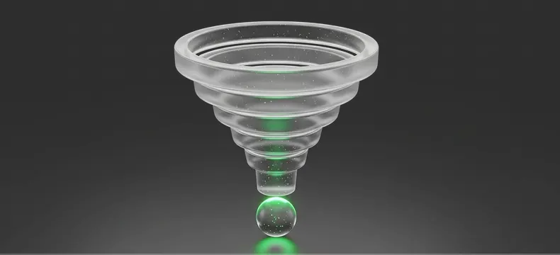 Transparent funnel icon with a glowing green drop below