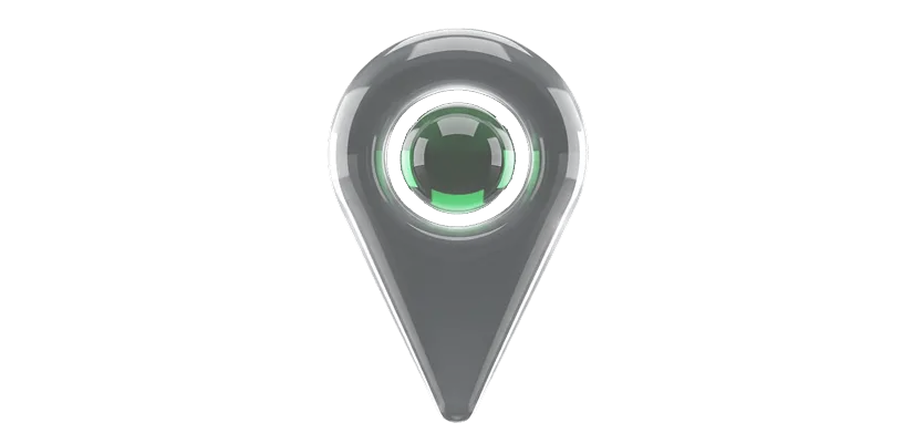 Glossy location pin icon with green center on black